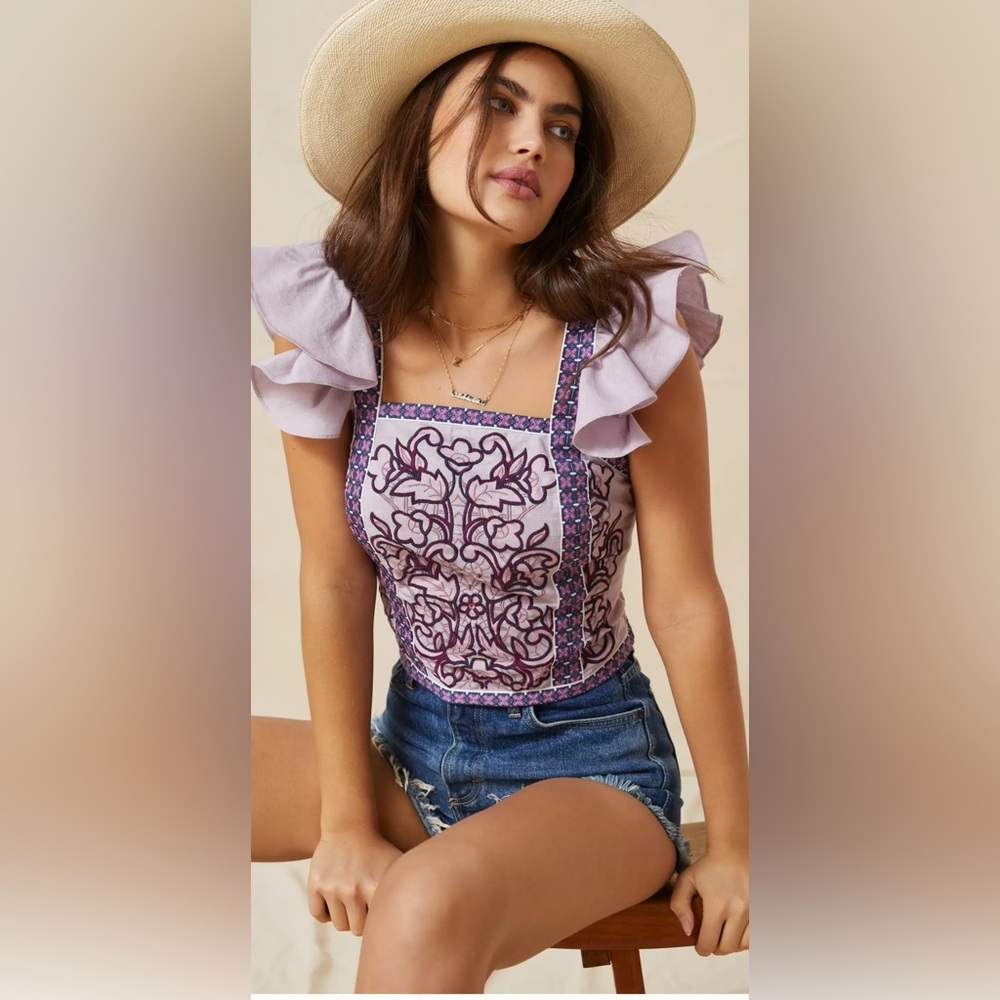 Anthropologie Lavender Embroidered Ruffle-Sleeve Top